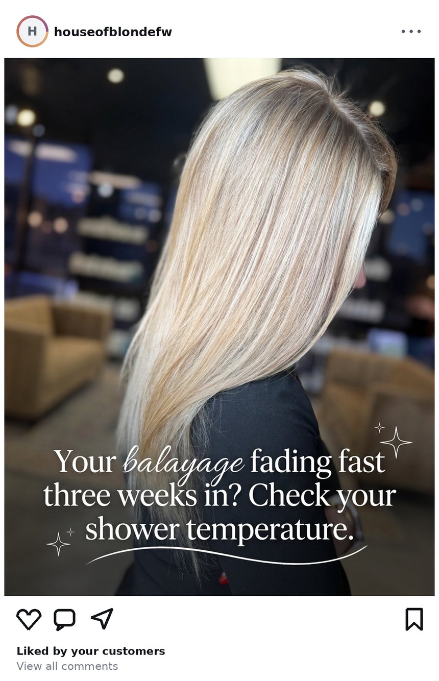 House of Blonde social post from Jul 19, 2026: A ten-second cool rinse holds your blonde weeks longer.