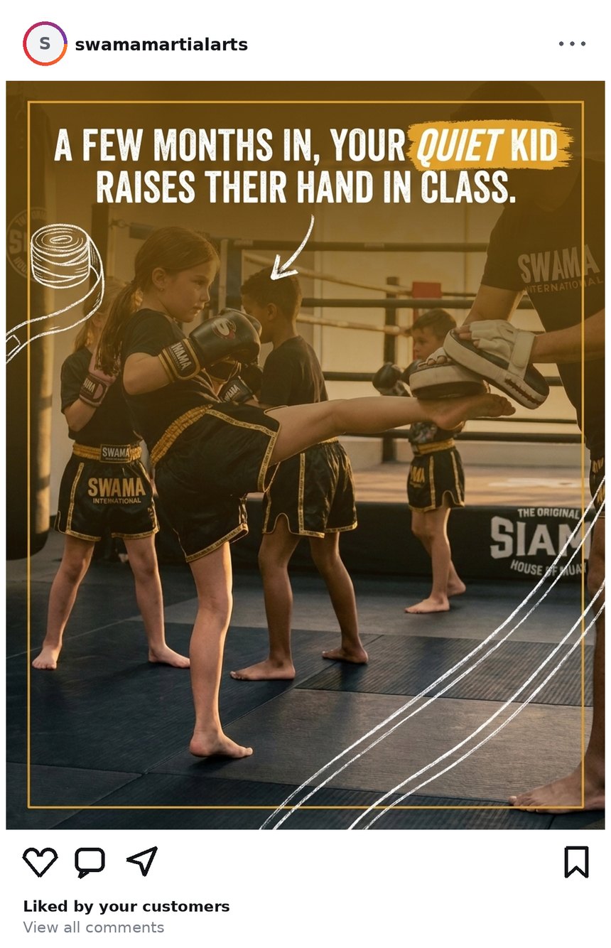 SWAMA Muay Thai social post from Jul 29, 2026: A few months in, your quiet kid raises their hand in class.